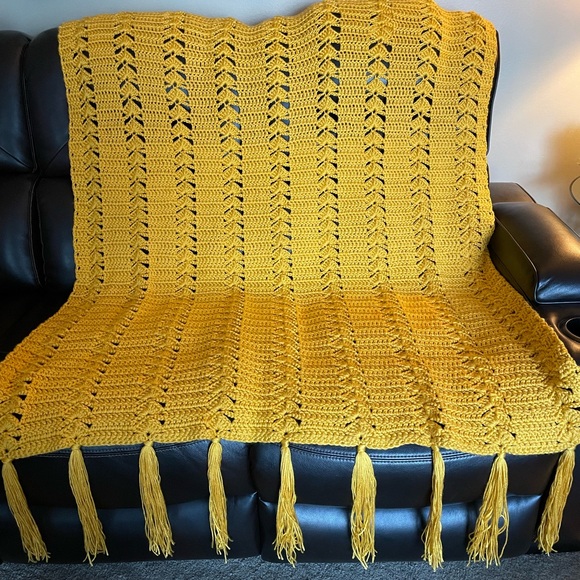 Yellow Crochet Afghan with Tassels - handmade